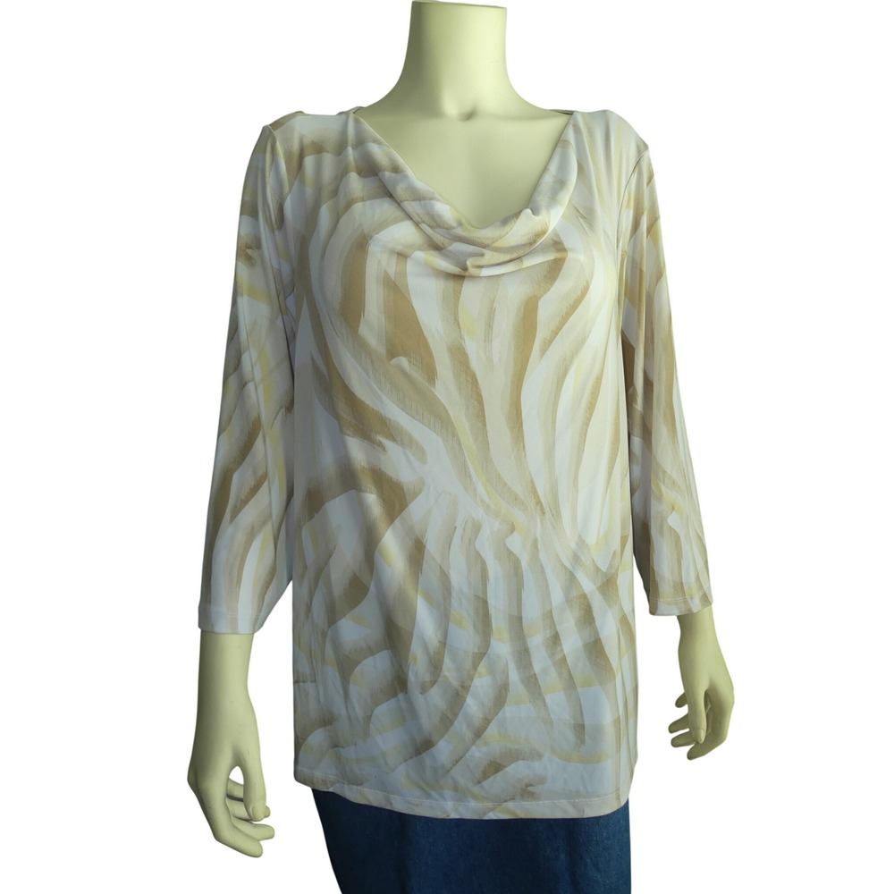 Easywear by Chicos Women Tan Abstract Print Boat Neck 3/4 Sleeve Top Size 3 XL